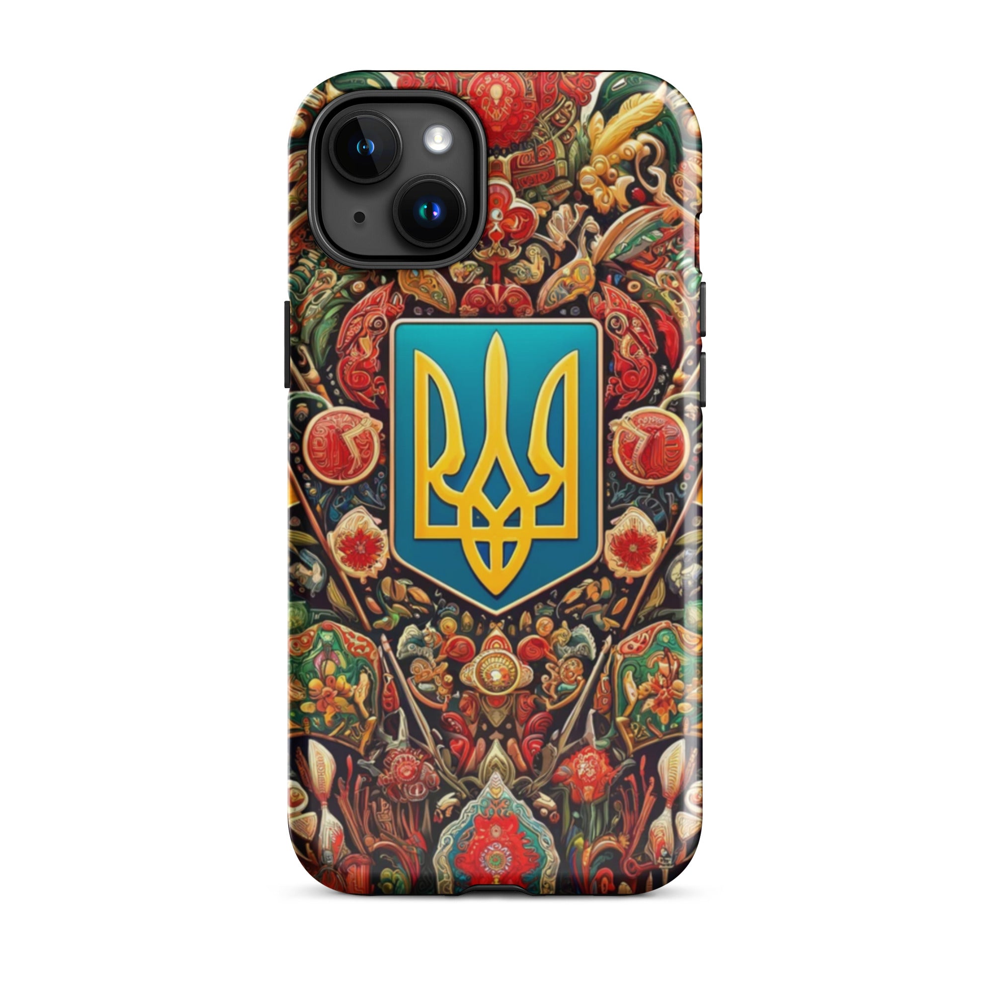 Tough iPhone case with Ukrainian symbols, featuring vibrant design and dual-layer protection with polycarbonate shell and TPU lining.