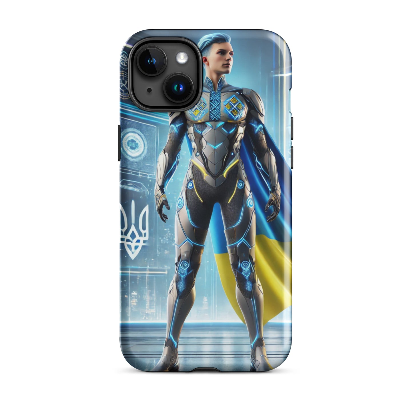 Tough iPhone case with Ukrainian superhero design for dual-layer protection and style.