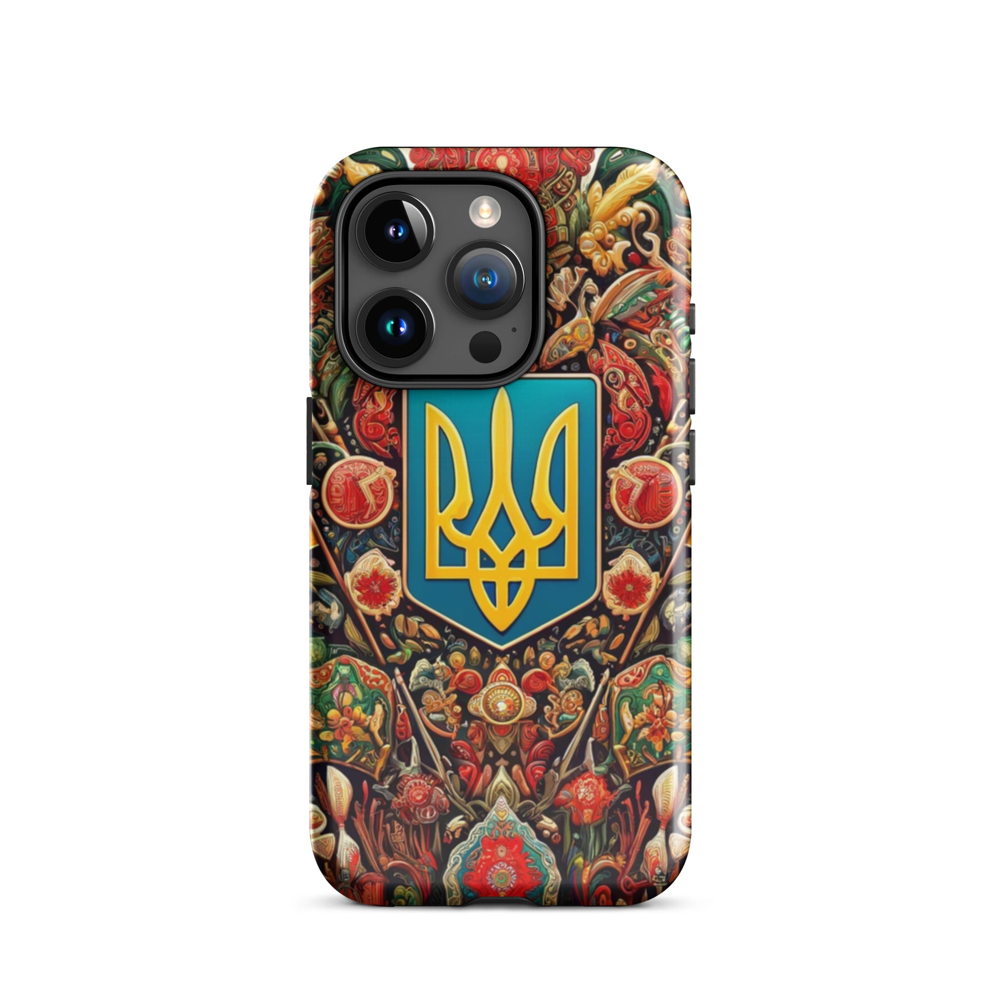 Tough iPhone case with Ukrainian symbol, featuring vibrant design and dual-layer protection with polycarbonate shell and TPU lining.