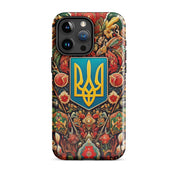 Tough iPhone case with Ukrainian symbols, featuring a vibrant design and durable dual-layer protection.