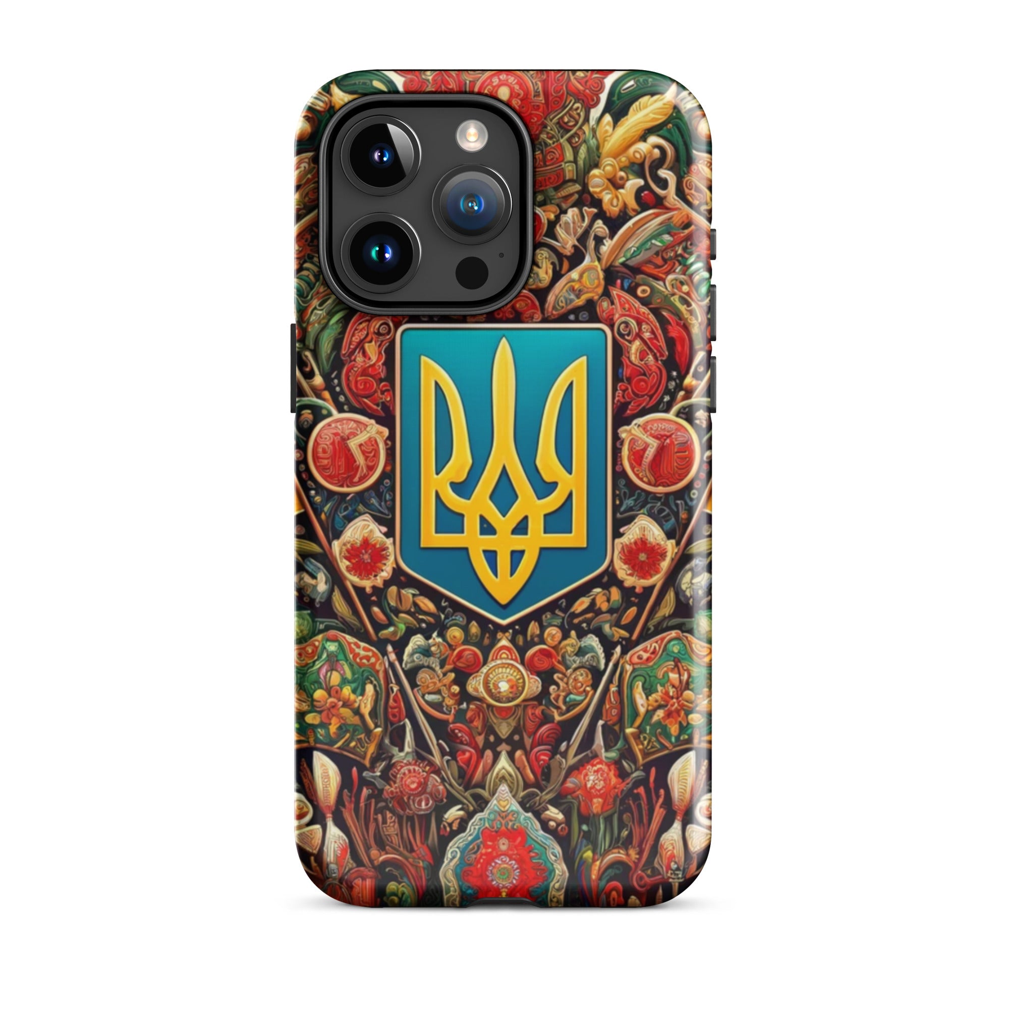 Tough iPhone case with Ukrainian symbols, featuring a vibrant design and durable dual-layer protection.