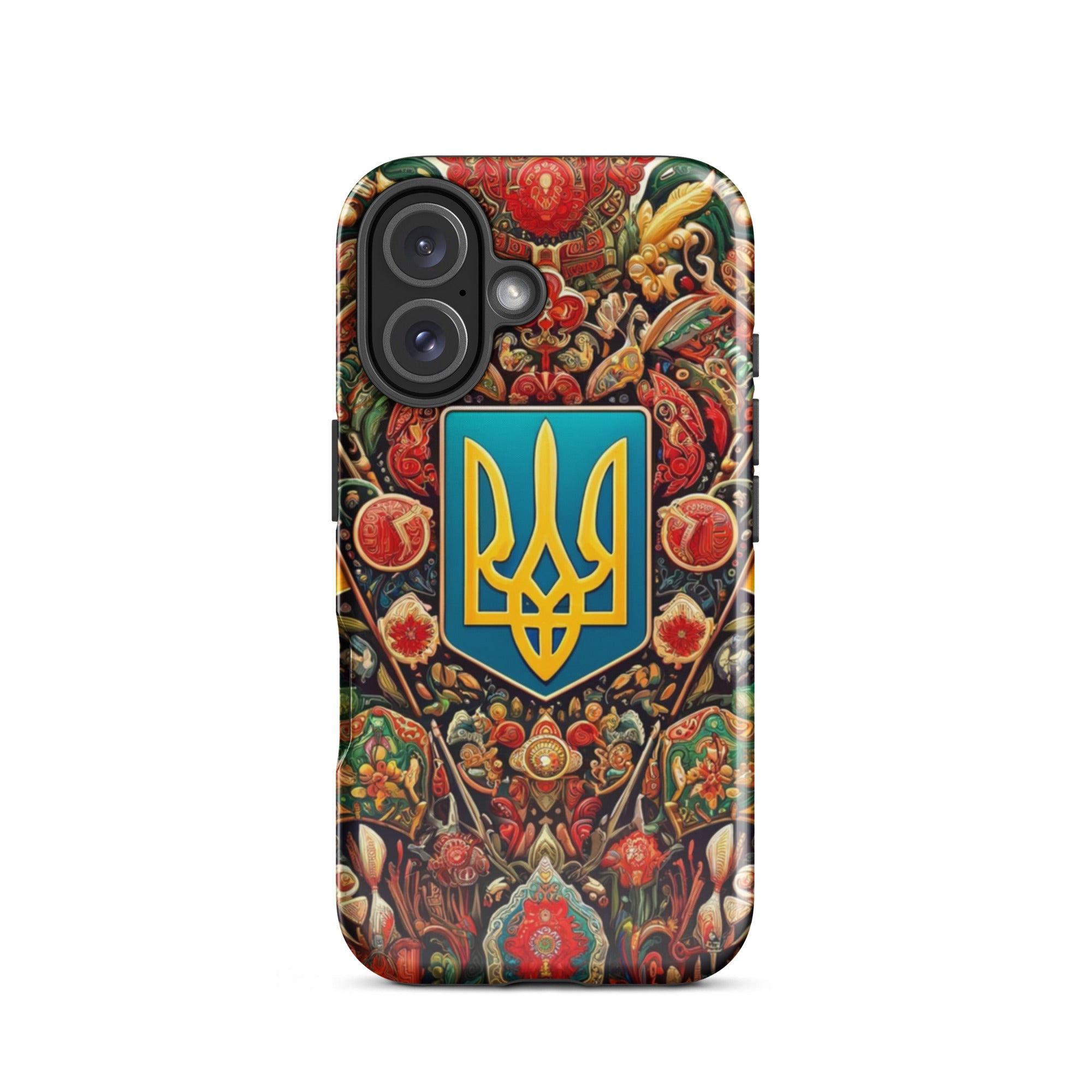 Tough iPhone case with Ukrainian symbol and vibrant design, offering dual-layer protection with polycarbonate and TPU materials.
