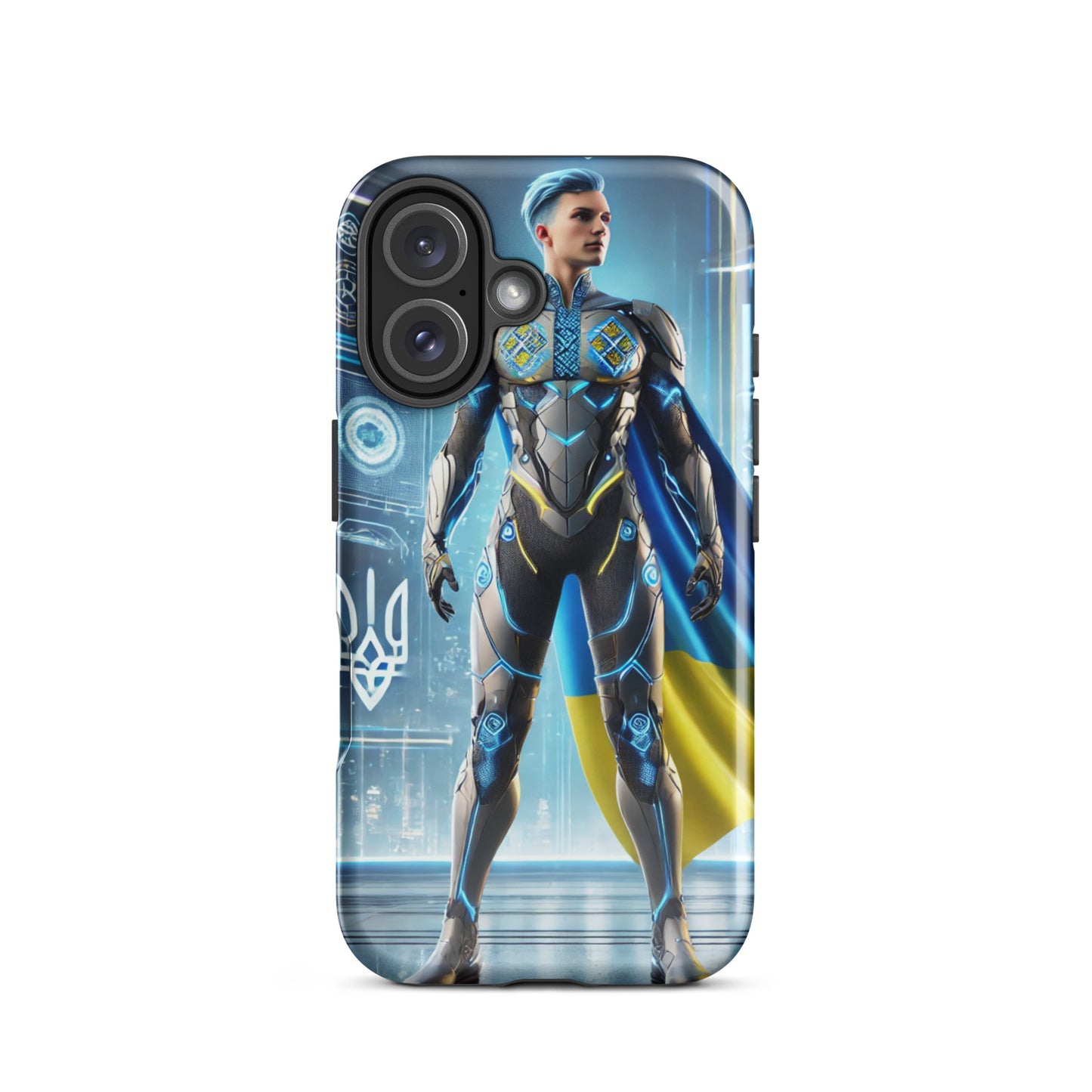 Tough iPhone case with Ukrainian superhero design, featuring impact-resistant polycarbonate and shock-absorbing TPU layers.