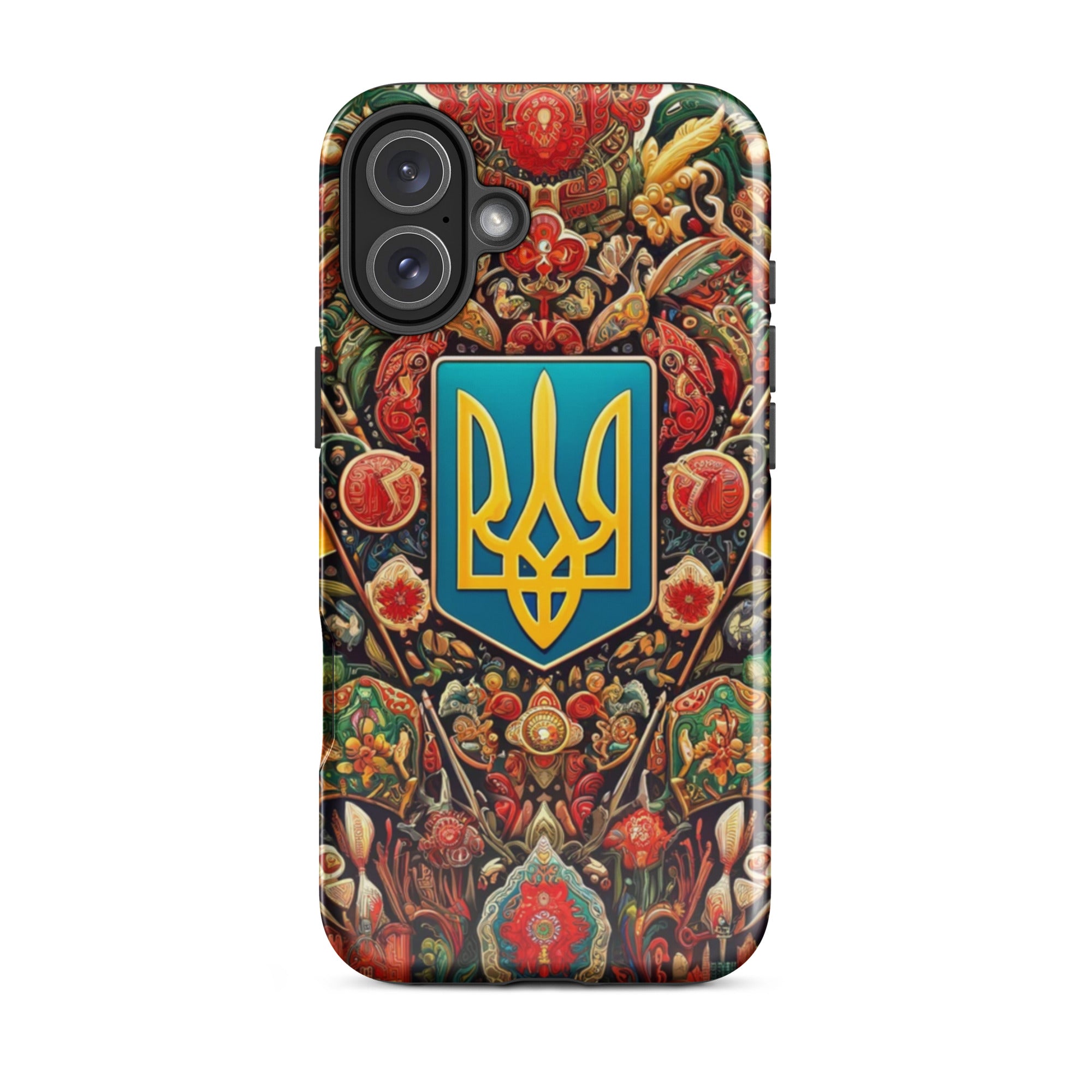 Tough iPhone case with Ukrainian symbol design, dual-layer protection with polycarbonate shell and TPU lining, showcases Ukrainian pride.