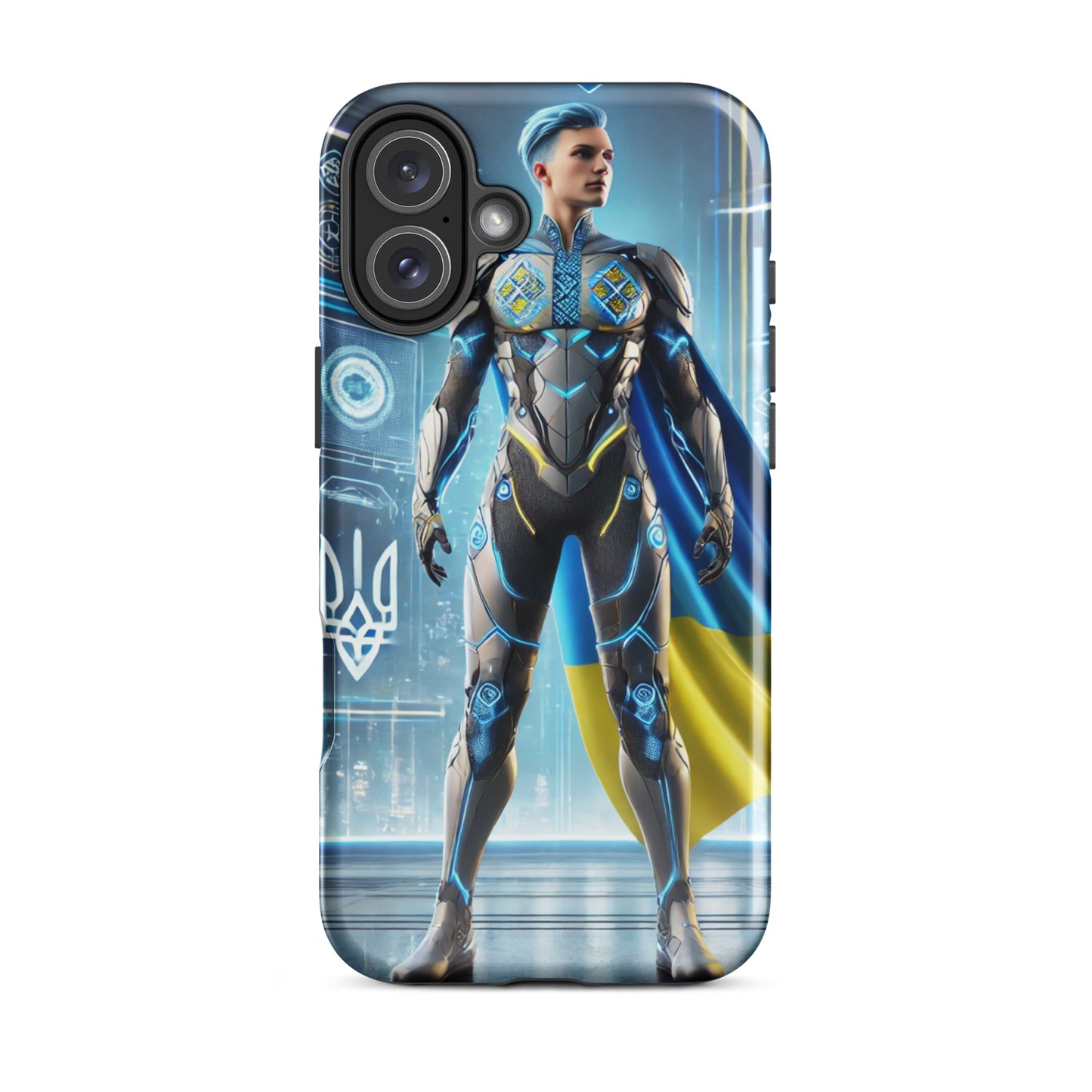 Tough iPhone case with Ukrainian superhero design, featuring impact-resistant polycarbonate shell and shock-absorbing TPU lining.