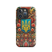 Tough iPhone case with Ukrainian symbols for dual-layer protection featuring a polycarbonate shell and TPU lining.