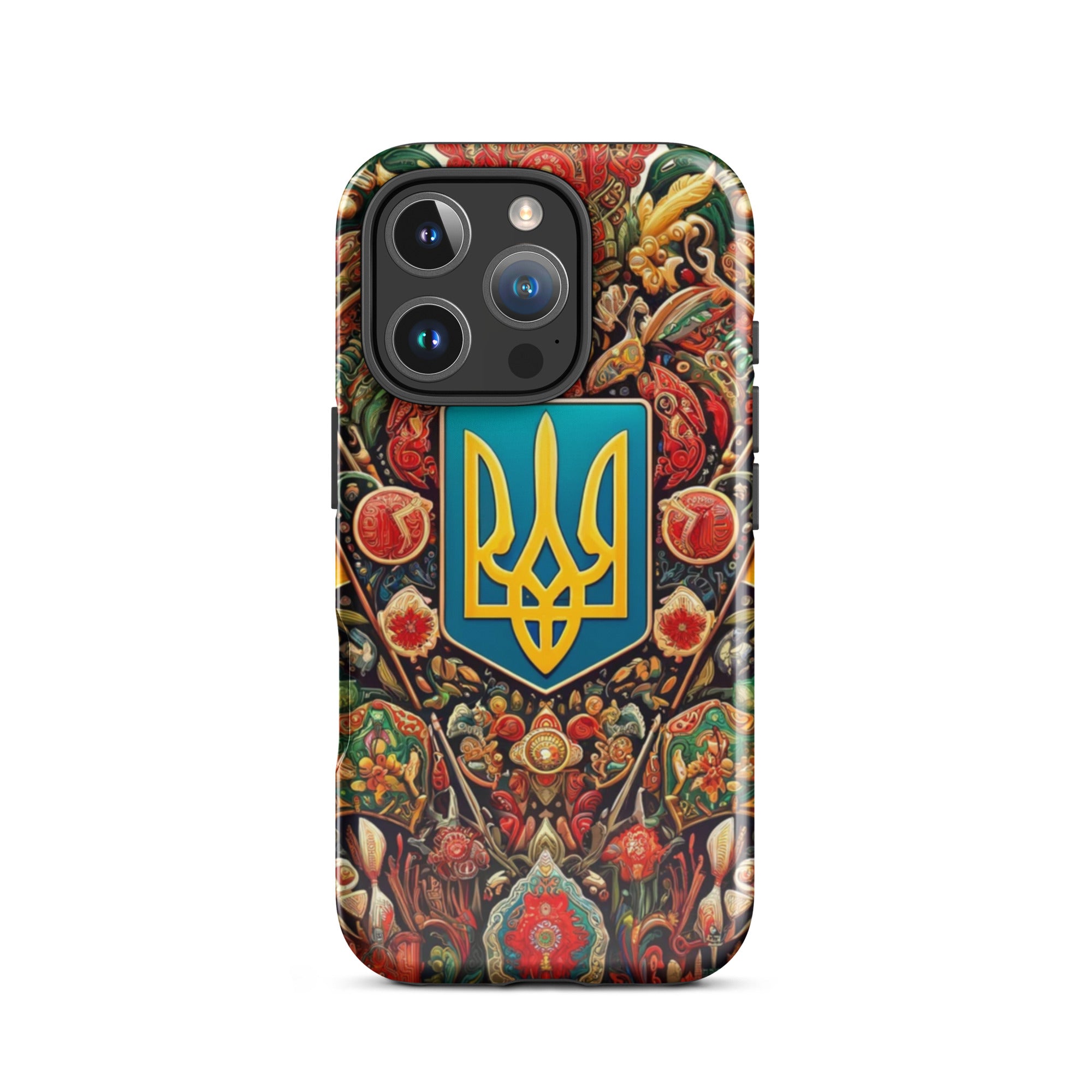 Tough iPhone case with Ukrainian symbols for dual-layer protection featuring a polycarbonate shell and TPU lining.