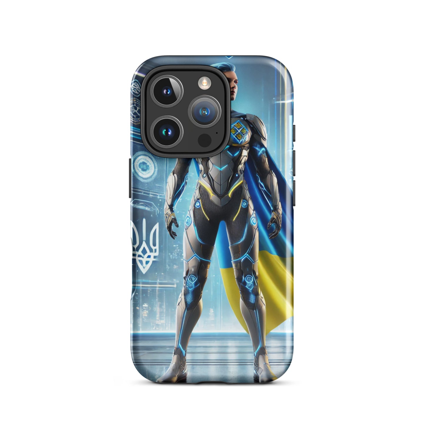 Tough iPhone case with Ukrainian superhero design, featuring a durable polycarbonate shell and shock-absorbing TPU lining.