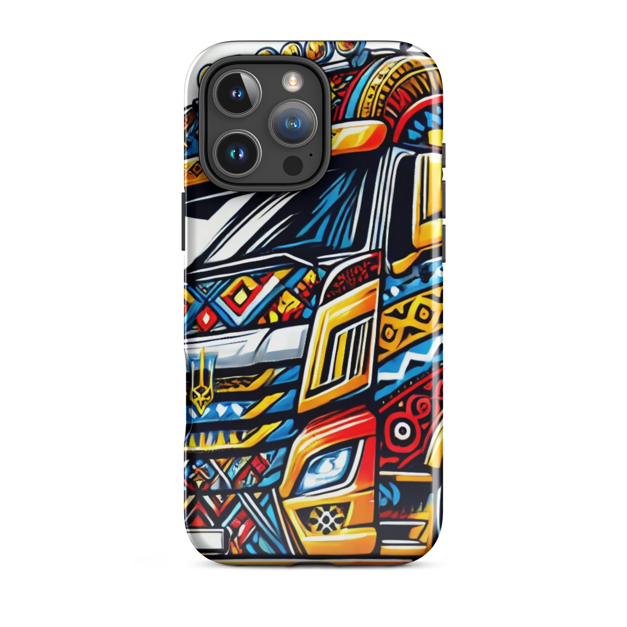 Durable iPhone case with vibrant Ukrainian trucker design, featuring dual-layer protection and precise port openings.