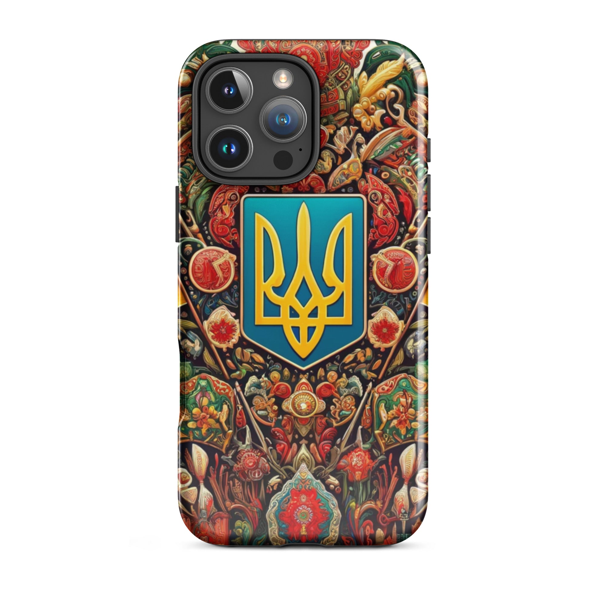Durable iPhone case with vibrant Ukrainian symbols, offering dual-layer protection with a stylish polycarbonate and TPU design.