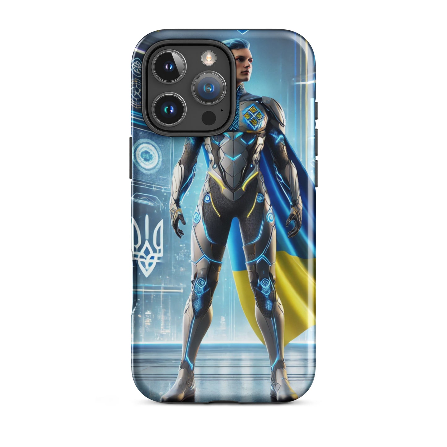 Tough iPhone case with Ukrainian superhero design, featuring dual-layer protection with polycarbonate shell and TPU lining.