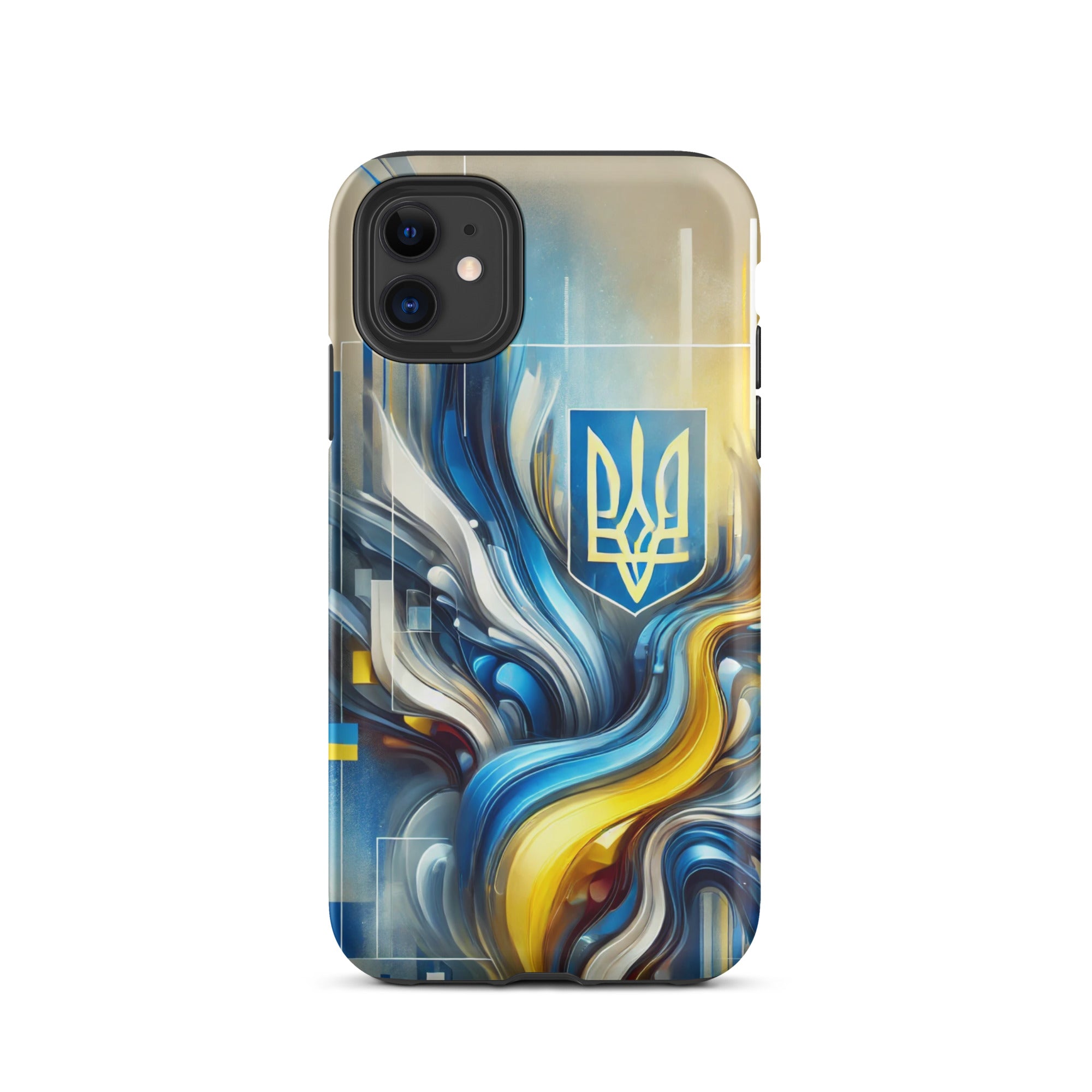 Abstract Ukrainian flag iPhone case with Tryzub emblem in blue and yellow, stylish design for all models.