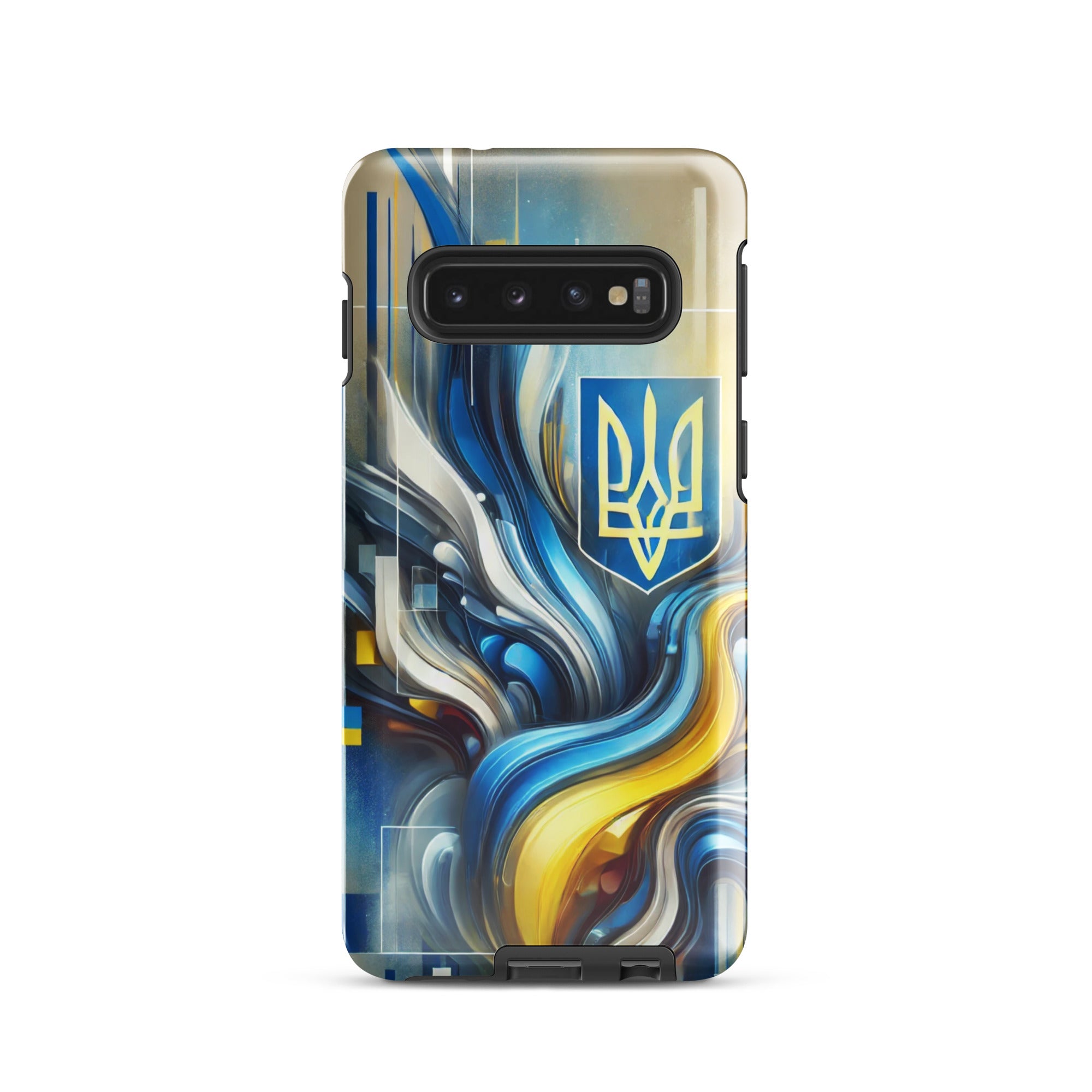 abstract design phone case,blue and yellow phone cover,dual-layer phone case,patriotic Samsung case,protective Samsung case,Samsung tough case,shock-resistant Samsung case,Ukrainian emblem phone cover,Ukrainian flag design case,Ukrainian Tryzub phone case