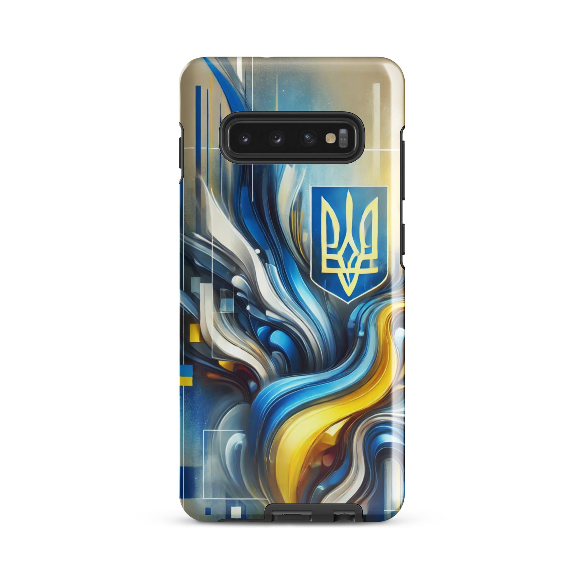 abstract design phone case,blue and yellow phone cover,dual-layer phone case,patriotic Samsung case,protective Samsung case,Samsung tough case,shock-resistant Samsung case,Ukrainian emblem phone cover,Ukrainian flag design case,Ukrainian Tryzub phone case