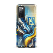 abstract design phone case,blue and yellow phone cover,dual-layer phone case,patriotic Samsung case,protective Samsung case,Samsung tough case,shock-resistant Samsung case,Ukrainian emblem phone cover,Ukrainian flag design case,Ukrainian Tryzub phone case