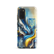 abstract design phone case,blue and yellow phone cover,dual-layer phone case,patriotic Samsung case,protective Samsung case,Samsung tough case,shock-resistant Samsung case,Ukrainian emblem phone cover,Ukrainian flag design case,Ukrainian Tryzub phone case