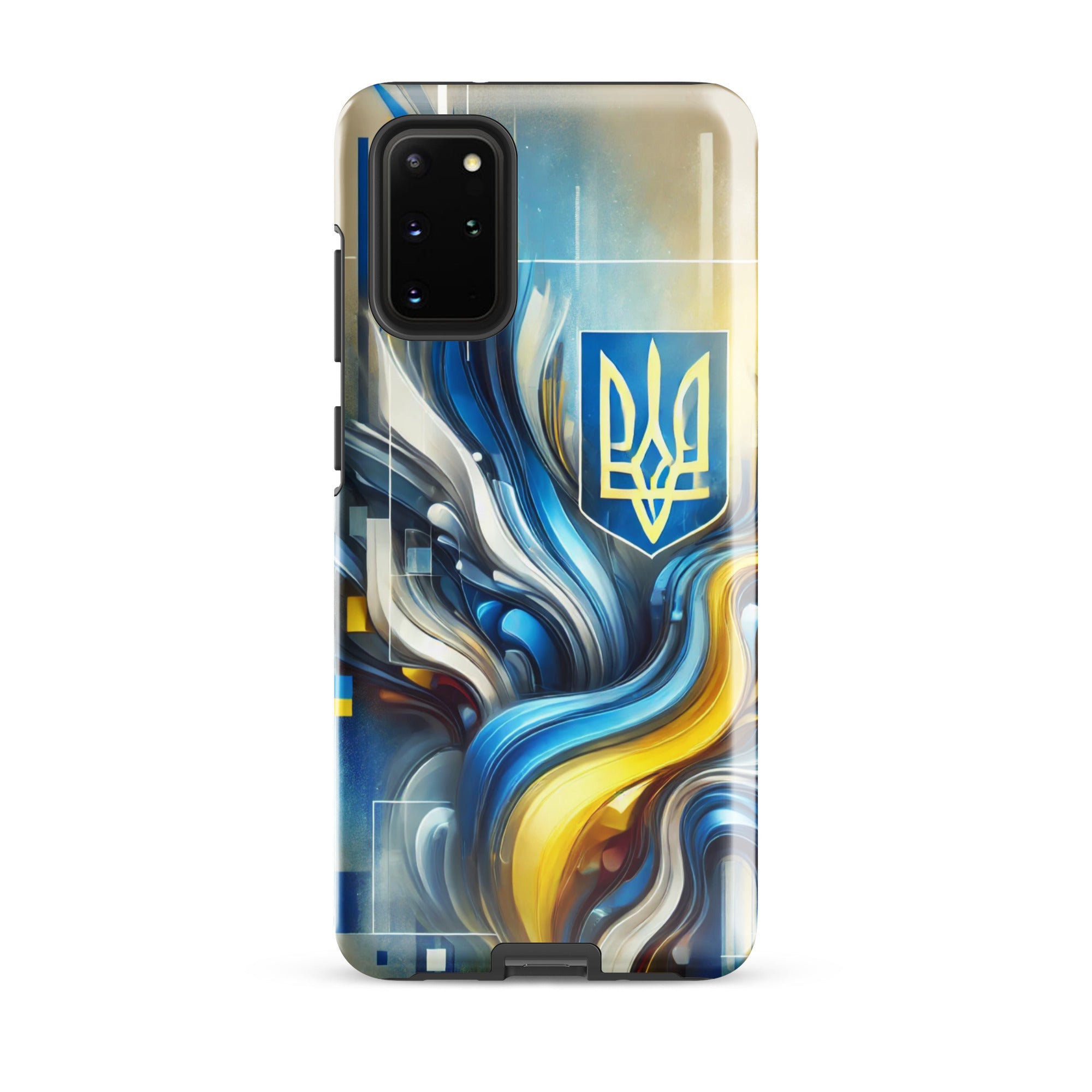 abstract design phone case,blue and yellow phone cover,dual-layer phone case,patriotic Samsung case,protective Samsung case,Samsung tough case,shock-resistant Samsung case,Ukrainian emblem phone cover,Ukrainian flag design case,Ukrainian Tryzub phone case