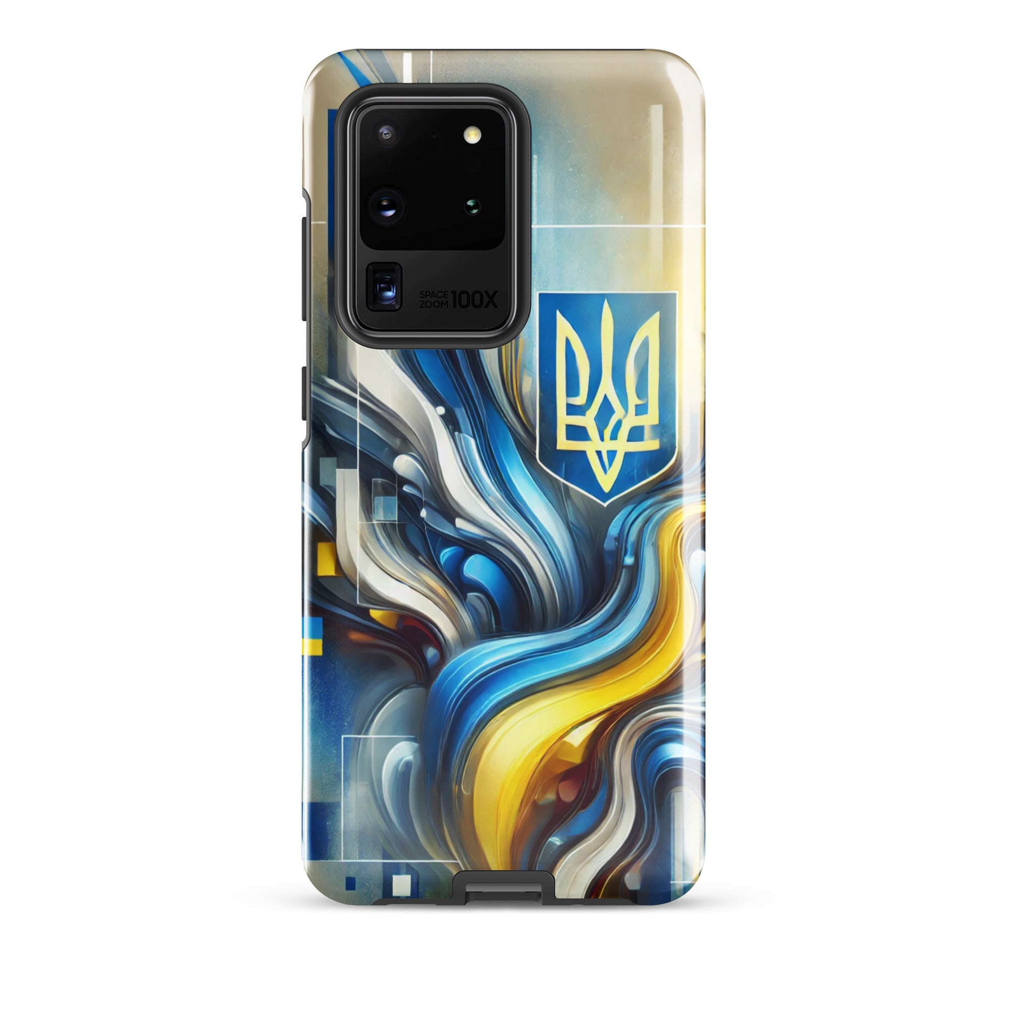 abstract design phone case,blue and yellow phone cover,dual-layer phone case,patriotic Samsung case,protective Samsung case,Samsung tough case,shock-resistant Samsung case,Ukrainian emblem phone cover,Ukrainian flag design case,Ukrainian Tryzub phone case