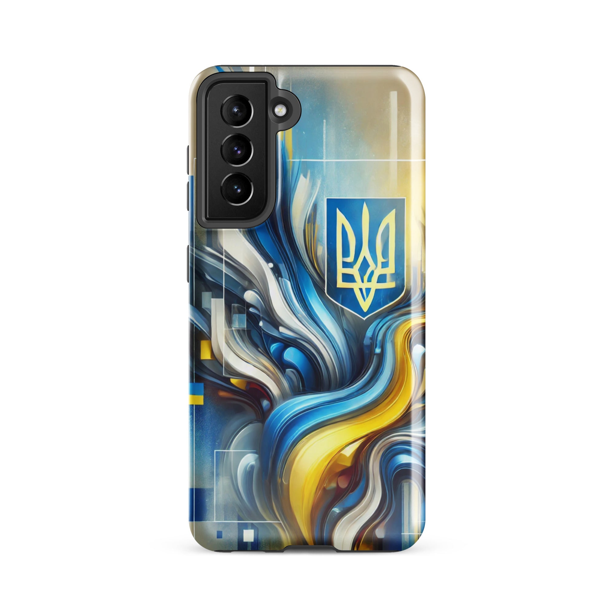 abstract design phone case,blue and yellow phone cover,dual-layer phone case,patriotic Samsung case,protective Samsung case,Samsung tough case,shock-resistant Samsung case,Ukrainian emblem phone cover,Ukrainian flag design case,Ukrainian Tryzub phone case