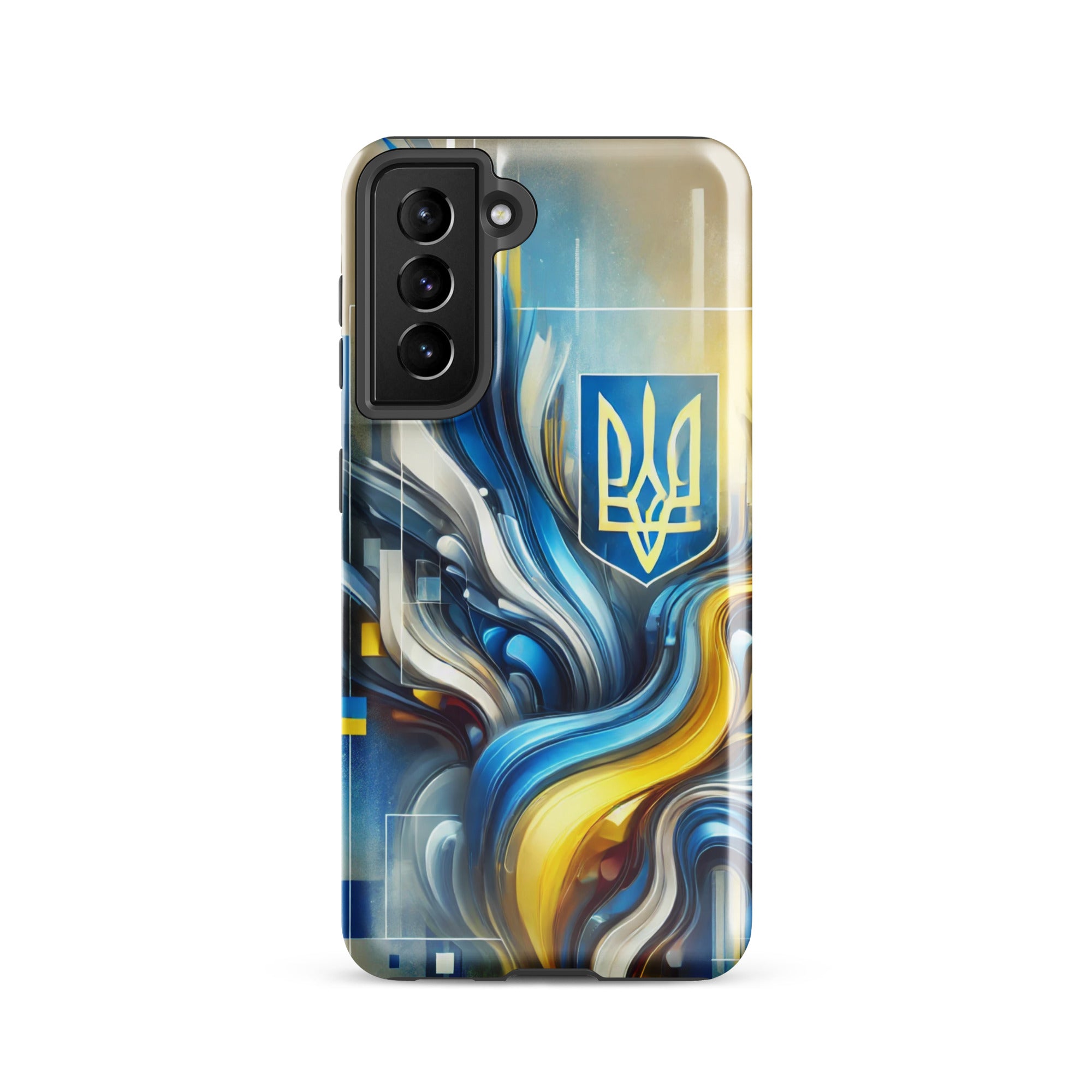abstract design phone case,blue and yellow phone cover,dual-layer phone case,patriotic Samsung case,protective Samsung case,Samsung tough case,shock-resistant Samsung case,Ukrainian emblem phone cover,Ukrainian flag design case,Ukrainian Tryzub phone case