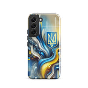 abstract design phone case,blue and yellow phone cover,dual-layer phone case,patriotic Samsung case,protective Samsung case,Samsung tough case,shock-resistant Samsung case,Ukrainian emblem phone cover,Ukrainian flag design case,Ukrainian Tryzub phone case