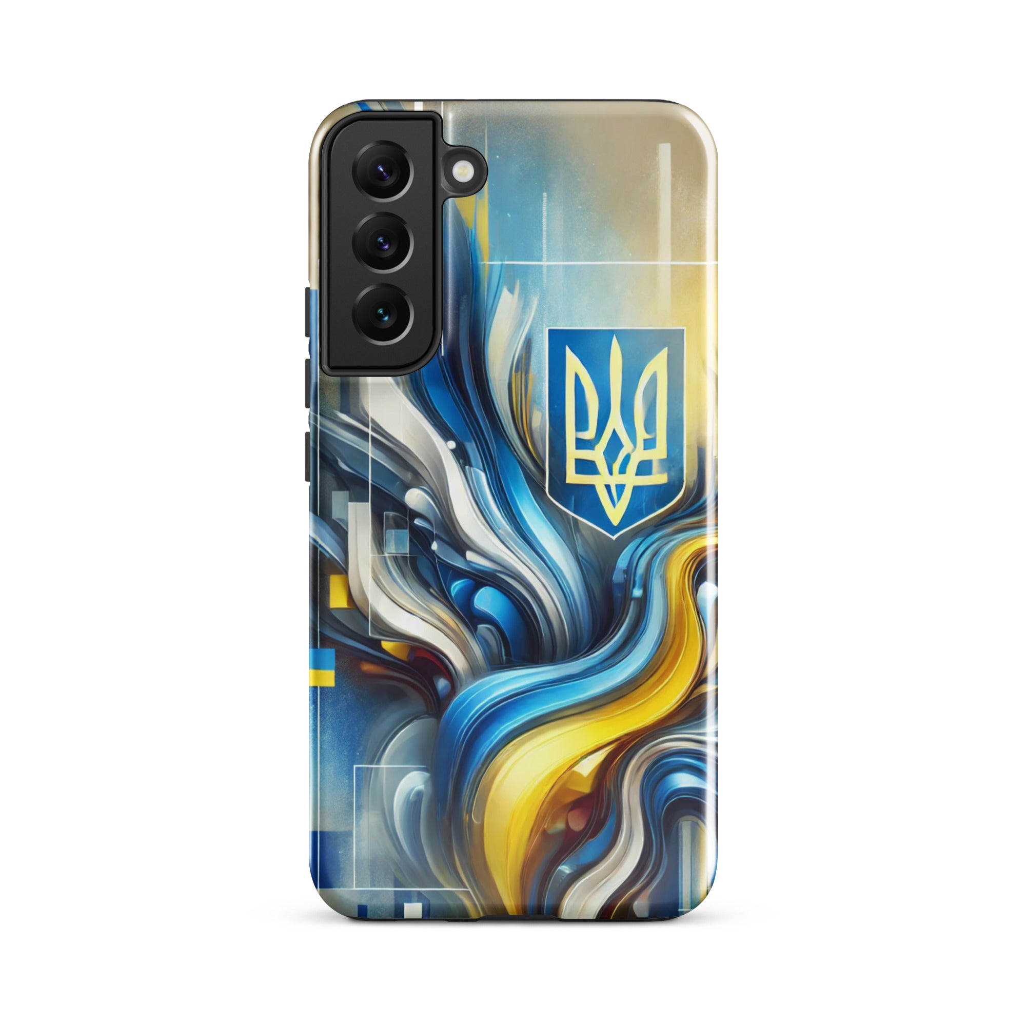 abstract design phone case,blue and yellow phone cover,dual-layer phone case,patriotic Samsung case,protective Samsung case,Samsung tough case,shock-resistant Samsung case,Ukrainian emblem phone cover,Ukrainian flag design case,Ukrainian Tryzub phone case