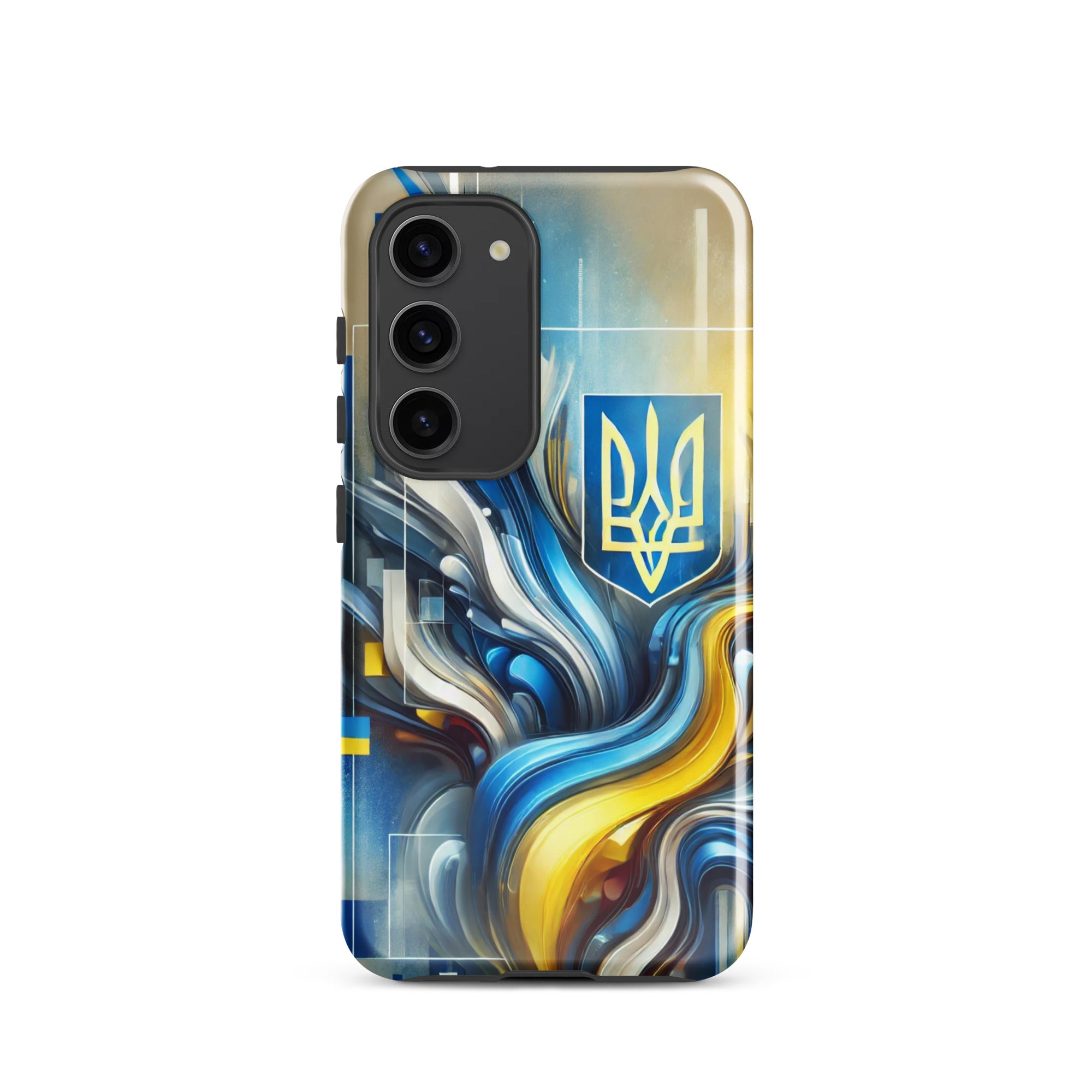 abstract design phone case,blue and yellow phone cover,dual-layer phone case,patriotic Samsung case,protective Samsung case,Samsung tough case,shock-resistant Samsung case,Ukrainian emblem phone cover,Ukrainian flag design case,Ukrainian Tryzub phone case
