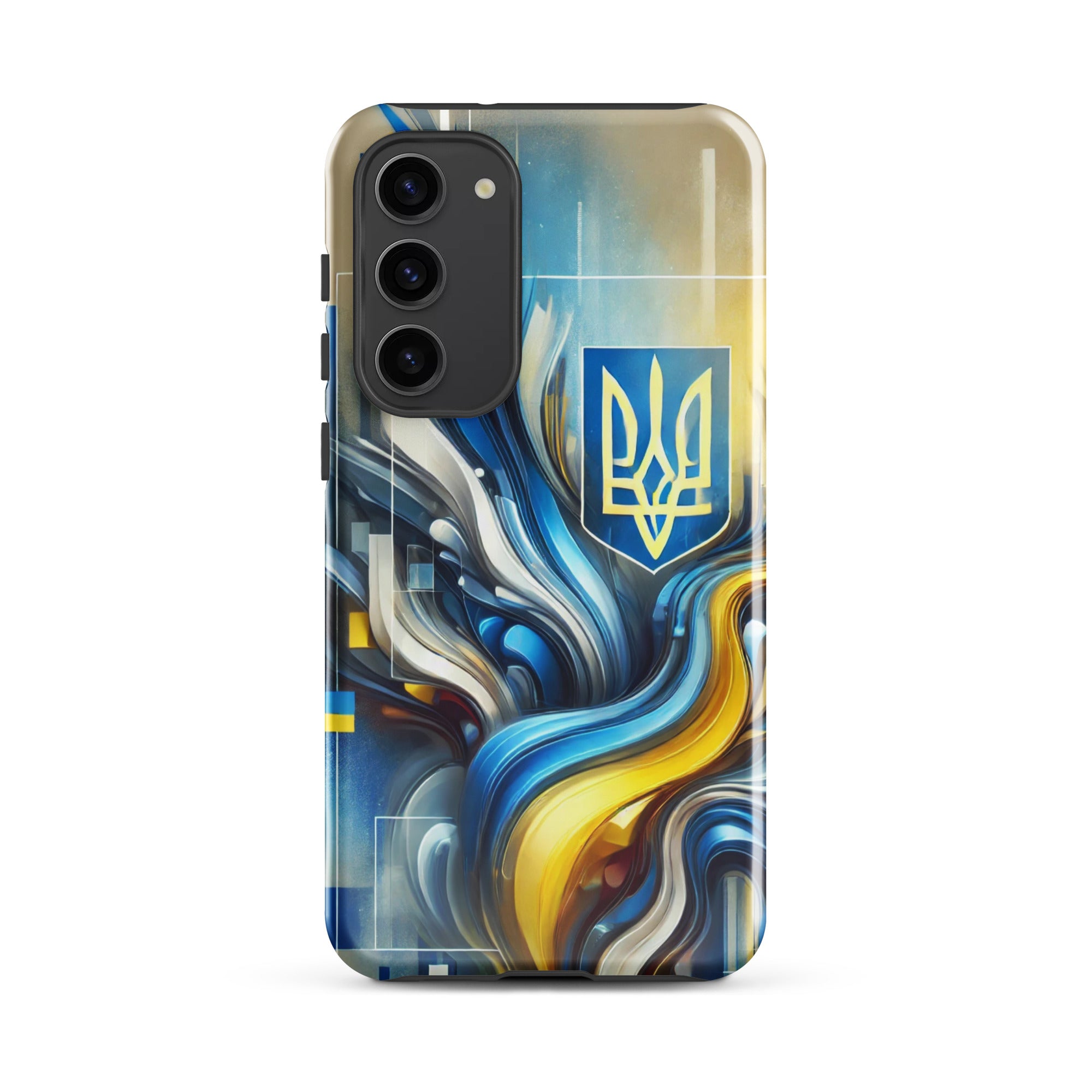 abstract design phone case,blue and yellow phone cover,dual-layer phone case,patriotic Samsung case,protective Samsung case,Samsung tough case,shock-resistant Samsung case,Ukrainian emblem phone cover,Ukrainian flag design case,Ukrainian Tryzub phone case