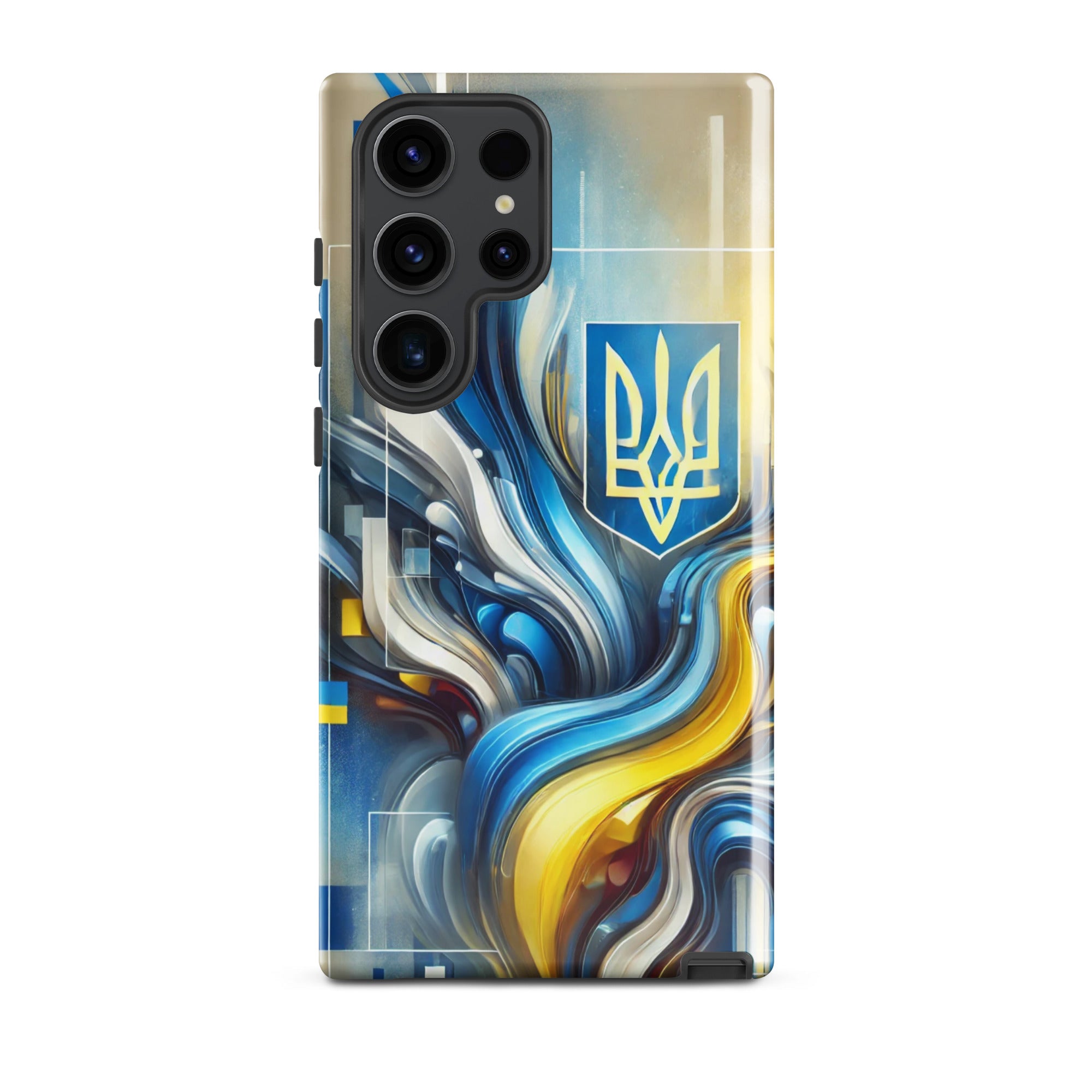 abstract design phone case,blue and yellow phone cover,dual-layer phone case,patriotic Samsung case,protective Samsung case,Samsung tough case,shock-resistant Samsung case,Ukrainian emblem phone cover,Ukrainian flag design case,Ukrainian Tryzub phone case