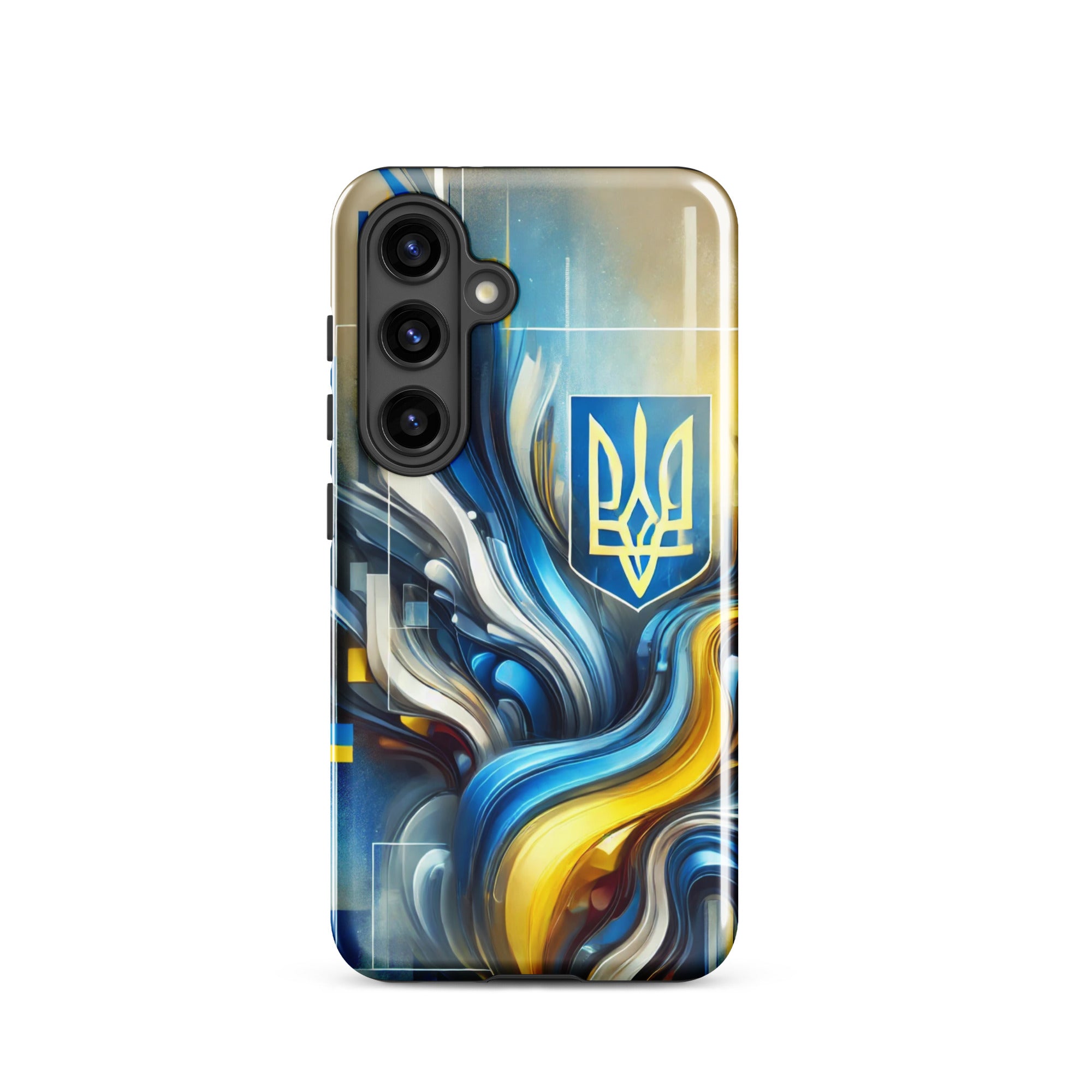 abstract design phone case,blue and yellow phone cover,dual-layer phone case,patriotic Samsung case,protective Samsung case,Samsung tough case,shock-resistant Samsung case,Ukrainian emblem phone cover,Ukrainian flag design case,Ukrainian Tryzub phone case