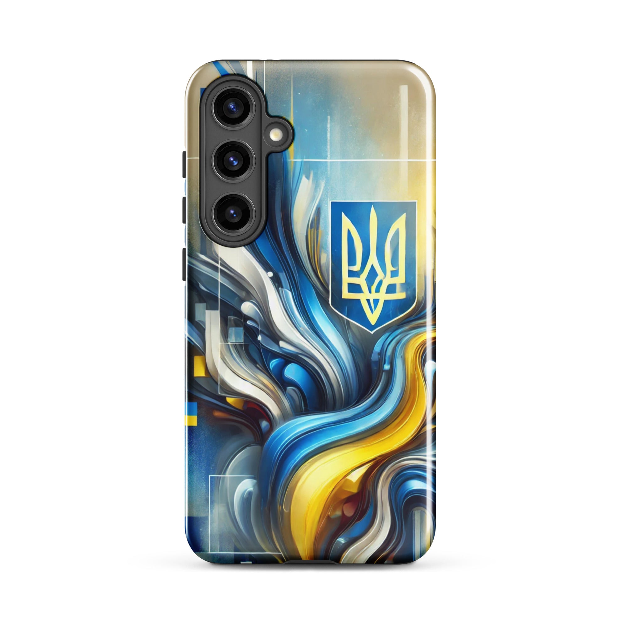 abstract design phone case,blue and yellow phone cover,dual-layer phone case,patriotic Samsung case,protective Samsung case,Samsung tough case,shock-resistant Samsung case,Ukrainian emblem phone cover,Ukrainian flag design case,Ukrainian Tryzub phone case