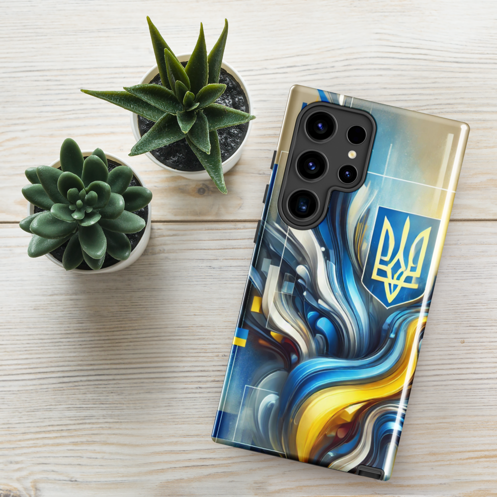 abstract design phone case,blue and yellow phone cover,dual-layer phone case,patriotic Samsung case,protective Samsung case,Samsung tough case,shock-resistant Samsung case,Ukrainian emblem phone cover,Ukrainian flag design case,Ukrainian Tryzub phone case