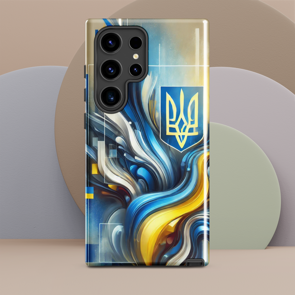 abstract design phone case,blue and yellow phone cover,dual-layer phone case,patriotic Samsung case,protective Samsung case,Samsung tough case,shock-resistant Samsung case,Ukrainian emblem phone cover,Ukrainian flag design case,Ukrainian Tryzub phone case