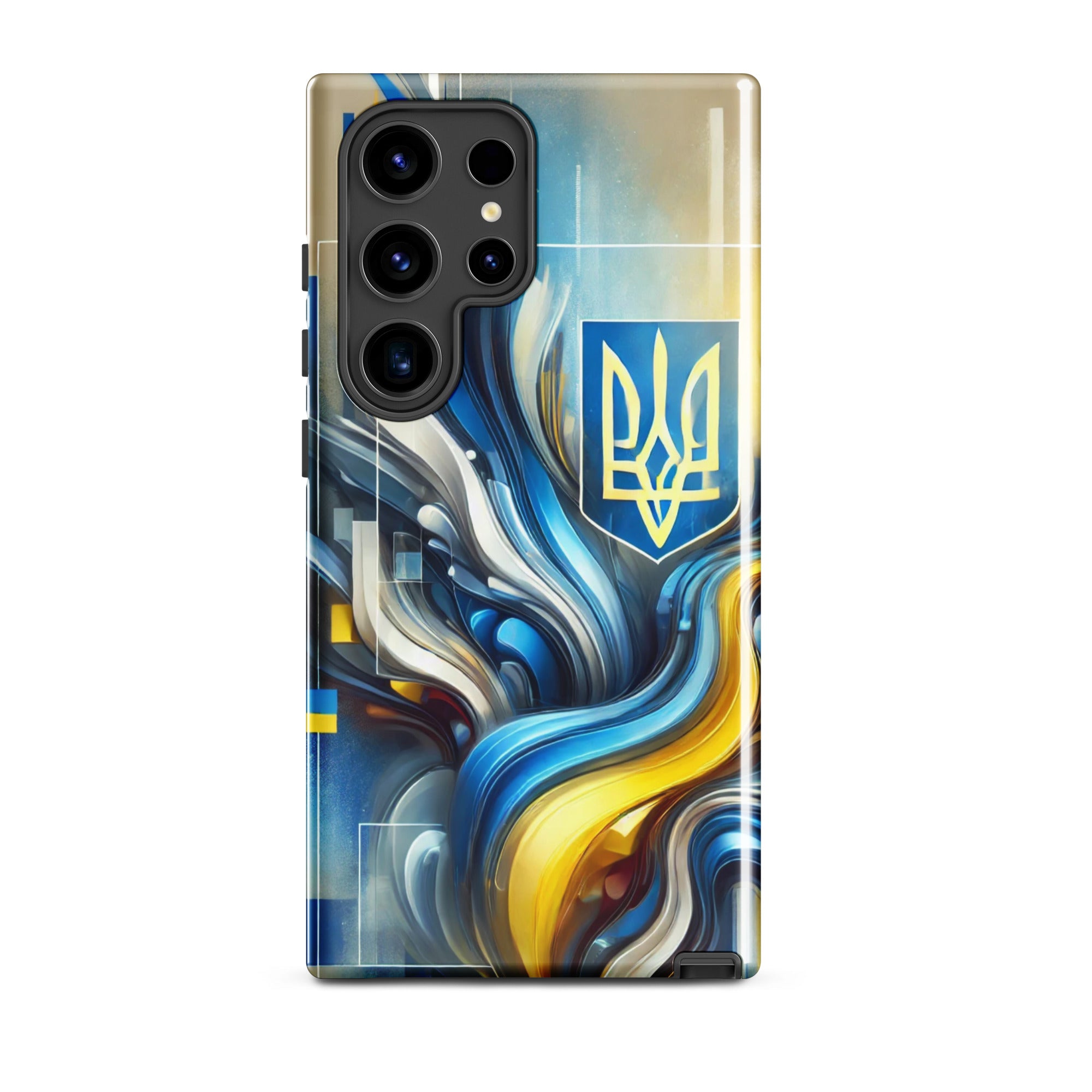 abstract design phone case,blue and yellow phone cover,dual-layer phone case,patriotic Samsung case,protective Samsung case,Samsung tough case,shock-resistant Samsung case,Ukrainian emblem phone cover,Ukrainian flag design case,Ukrainian Tryzub phone case