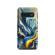 abstract design phone case,blue and yellow phone cover,dual-layer phone case,patriotic Samsung case,protective Samsung case,Samsung tough case,shock-resistant Samsung case,Ukrainian emblem phone cover,Ukrainian flag design case,Ukrainian Tryzub phone case