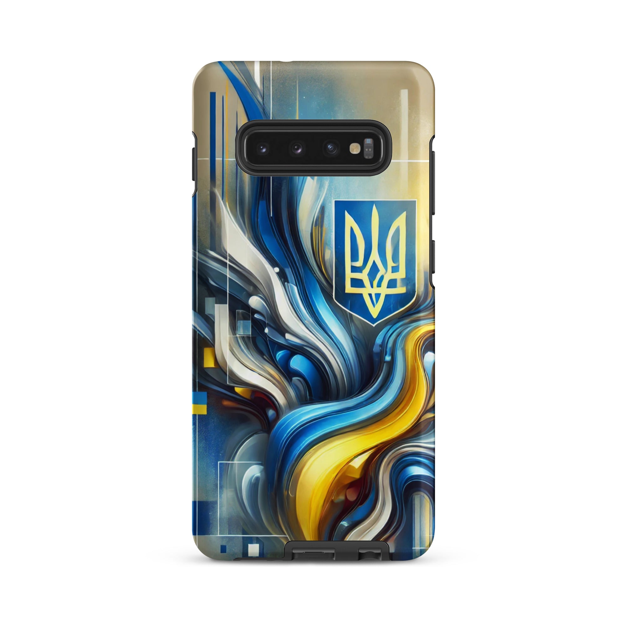 abstract design phone case,blue and yellow phone cover,dual-layer phone case,patriotic Samsung case,protective Samsung case,Samsung tough case,shock-resistant Samsung case,Ukrainian emblem phone cover,Ukrainian flag design case,Ukrainian Tryzub phone case
