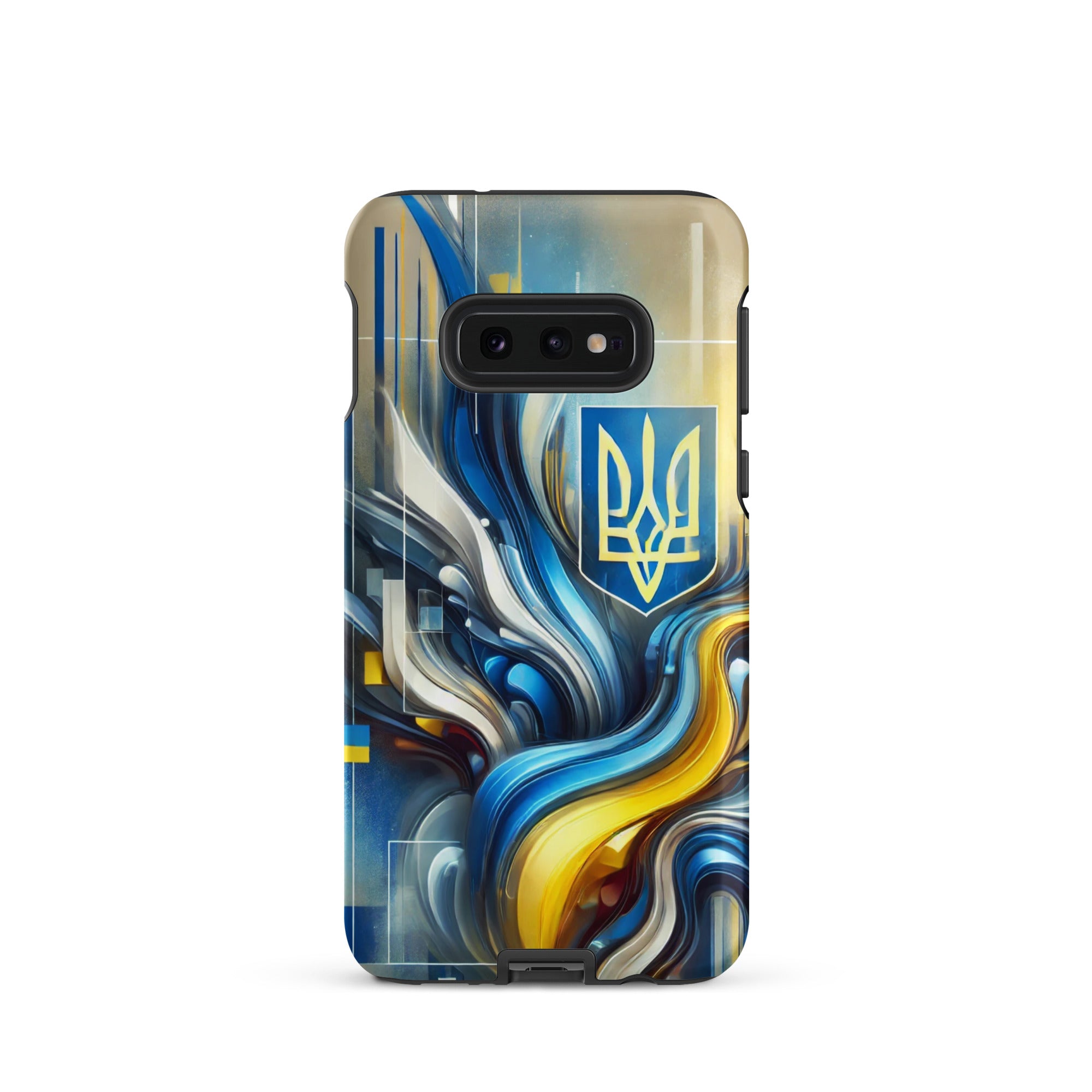 abstract design phone case,blue and yellow phone cover,dual-layer phone case,patriotic Samsung case,protective Samsung case,Samsung tough case,shock-resistant Samsung case,Ukrainian emblem phone cover,Ukrainian flag design case,Ukrainian Tryzub phone case