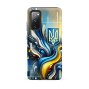 abstract design phone case,blue and yellow phone cover,dual-layer phone case,patriotic Samsung case,protective Samsung case,Samsung tough case,shock-resistant Samsung case,Ukrainian emblem phone cover,Ukrainian flag design case,Ukrainian Tryzub phone case