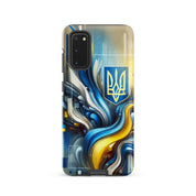 abstract design phone case,blue and yellow phone cover,dual-layer phone case,patriotic Samsung case,protective Samsung case,Samsung tough case,shock-resistant Samsung case,Ukrainian emblem phone cover,Ukrainian flag design case,Ukrainian Tryzub phone case
