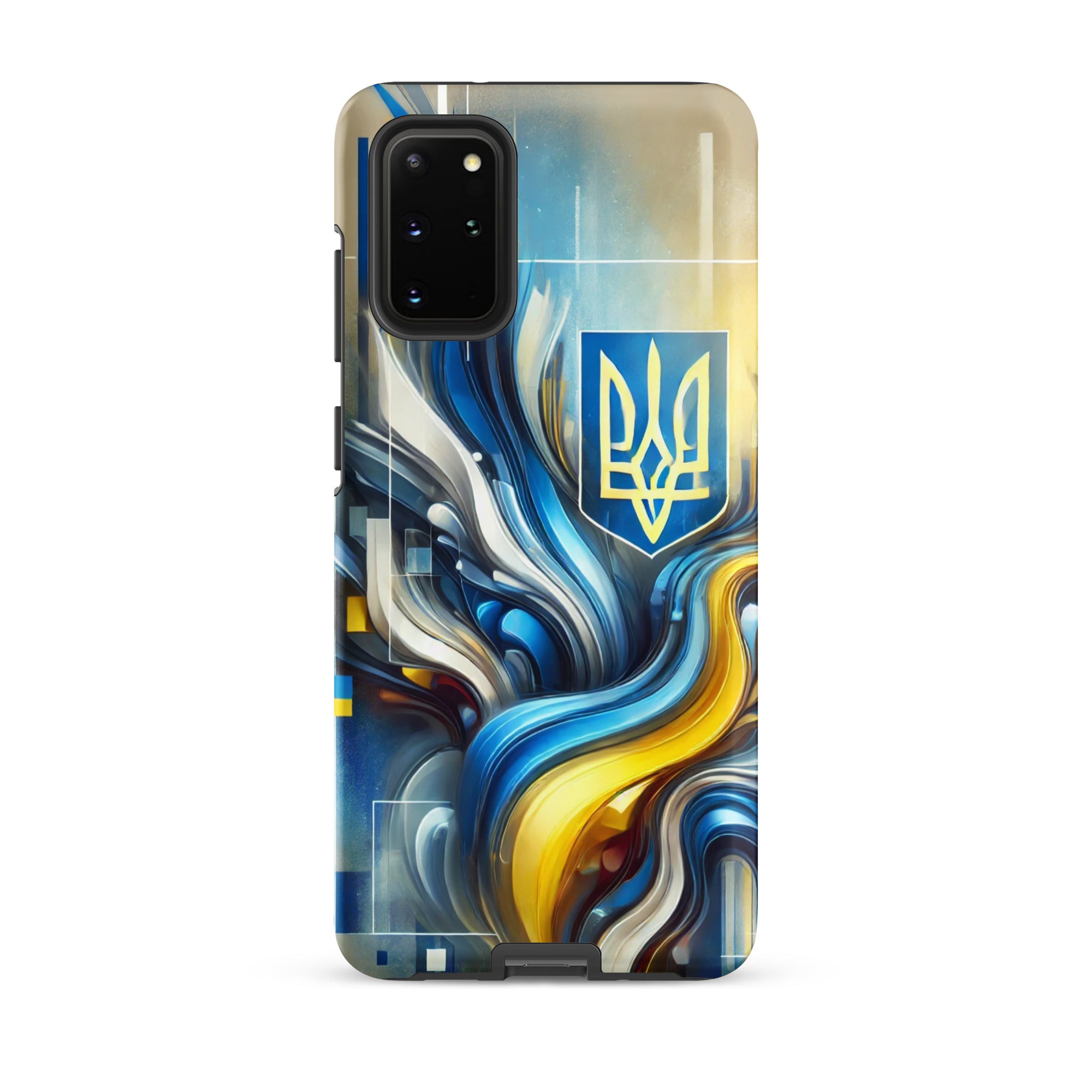 abstract design phone case,blue and yellow phone cover,dual-layer phone case,patriotic Samsung case,protective Samsung case,Samsung tough case,shock-resistant Samsung case,Ukrainian emblem phone cover,Ukrainian flag design case,Ukrainian Tryzub phone case