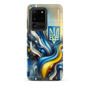 abstract design phone case,blue and yellow phone cover,dual-layer phone case,patriotic Samsung case,protective Samsung case,Samsung tough case,shock-resistant Samsung case,Ukrainian emblem phone cover,Ukrainian flag design case,Ukrainian Tryzub phone case