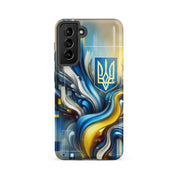 abstract design phone case,blue and yellow phone cover,dual-layer phone case,patriotic Samsung case,protective Samsung case,Samsung tough case,shock-resistant Samsung case,Ukrainian emblem phone cover,Ukrainian flag design case,Ukrainian Tryzub phone case