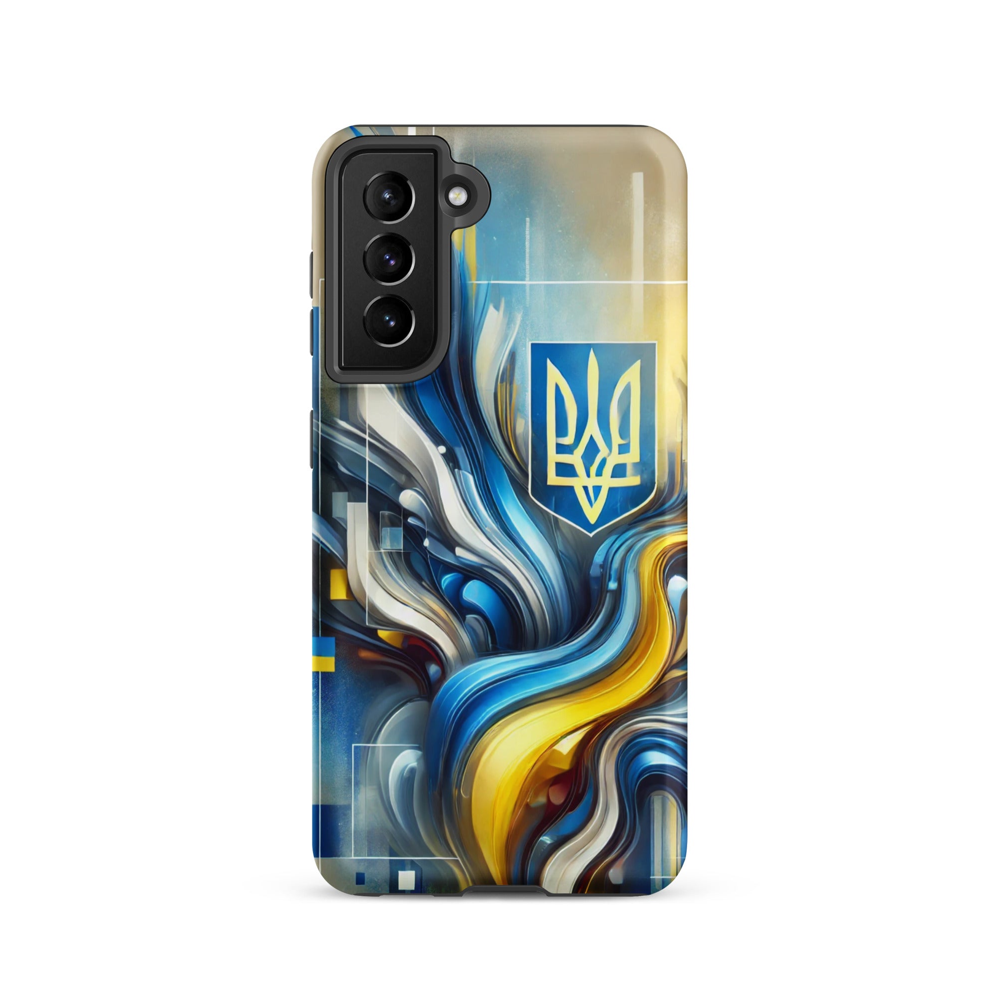 abstract design phone case,blue and yellow phone cover,dual-layer phone case,patriotic Samsung case,protective Samsung case,Samsung tough case,shock-resistant Samsung case,Ukrainian emblem phone cover,Ukrainian flag design case,Ukrainian Tryzub phone case