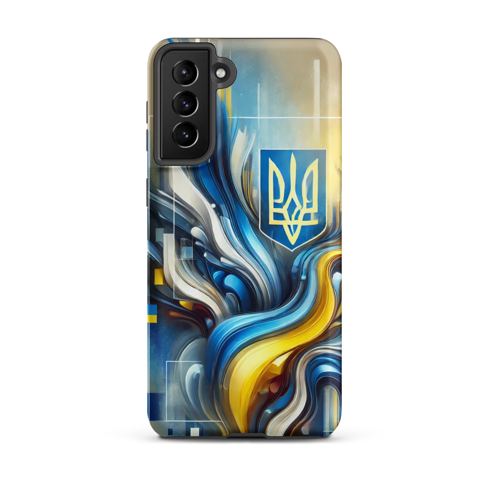abstract design phone case,blue and yellow phone cover,dual-layer phone case,patriotic Samsung case,protective Samsung case,Samsung tough case,shock-resistant Samsung case,Ukrainian emblem phone cover,Ukrainian flag design case,Ukrainian Tryzub phone case
