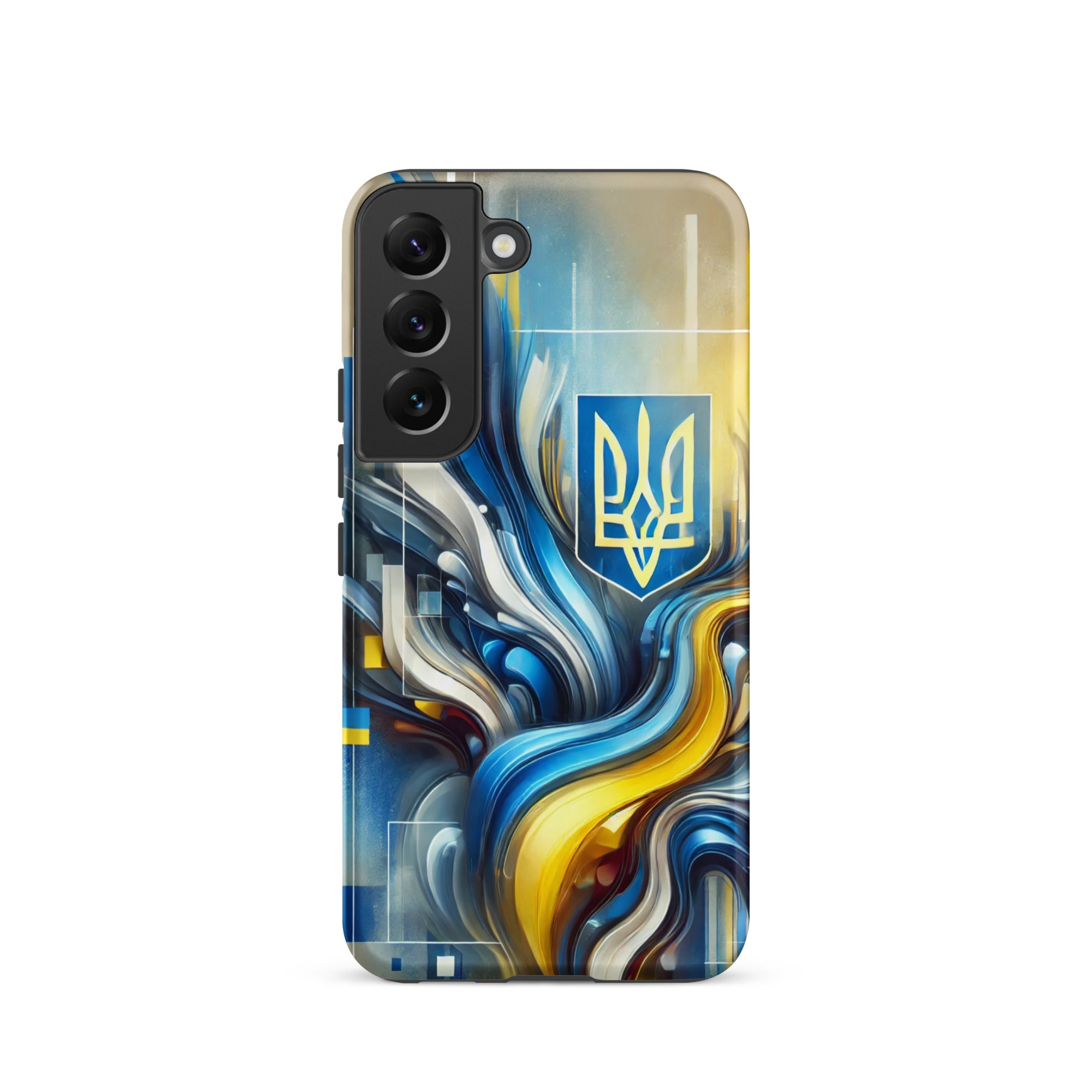 abstract design phone case,blue and yellow phone cover,dual-layer phone case,patriotic Samsung case,protective Samsung case,Samsung tough case,shock-resistant Samsung case,Ukrainian emblem phone cover,Ukrainian flag design case,Ukrainian Tryzub phone case