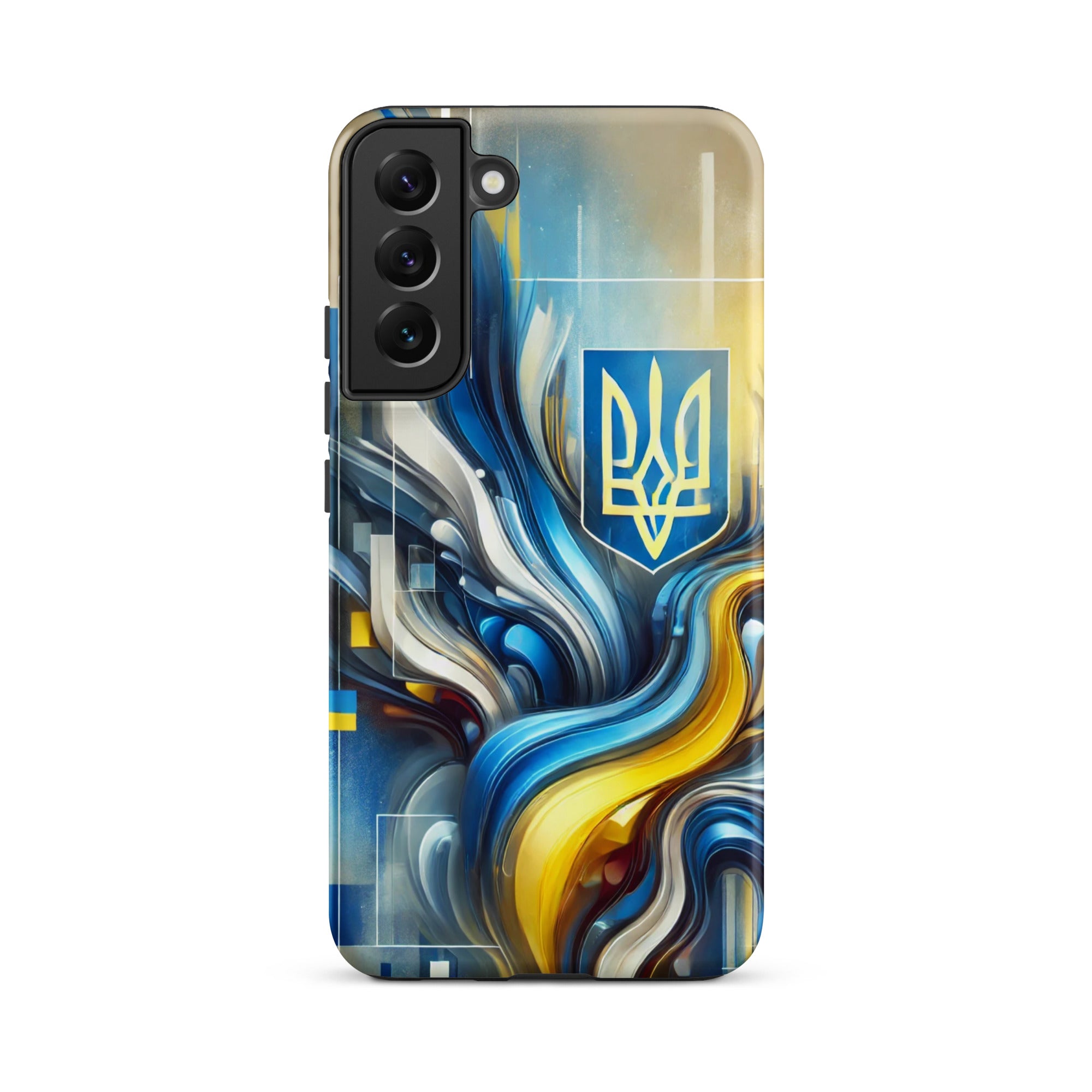 abstract design phone case,blue and yellow phone cover,dual-layer phone case,patriotic Samsung case,protective Samsung case,Samsung tough case,shock-resistant Samsung case,Ukrainian emblem phone cover,Ukrainian flag design case,Ukrainian Tryzub phone case