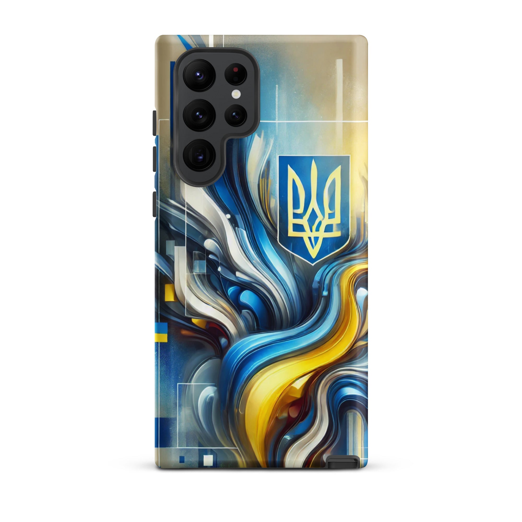 abstract design phone case,blue and yellow phone cover,dual-layer phone case,patriotic Samsung case,protective Samsung case,Samsung tough case,shock-resistant Samsung case,Ukrainian emblem phone cover,Ukrainian flag design case,Ukrainian Tryzub phone case