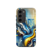 abstract design phone case,blue and yellow phone cover,dual-layer phone case,patriotic Samsung case,protective Samsung case,Samsung tough case,shock-resistant Samsung case,Ukrainian emblem phone cover,Ukrainian flag design case,Ukrainian Tryzub phone case