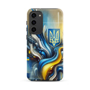 abstract design phone case,blue and yellow phone cover,dual-layer phone case,patriotic Samsung case,protective Samsung case,Samsung tough case,shock-resistant Samsung case,Ukrainian emblem phone cover,Ukrainian flag design case,Ukrainian Tryzub phone case