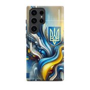 abstract design phone case,blue and yellow phone cover,dual-layer phone case,patriotic Samsung case,protective Samsung case,Samsung tough case,shock-resistant Samsung case,Ukrainian emblem phone cover,Ukrainian flag design case,Ukrainian Tryzub phone case